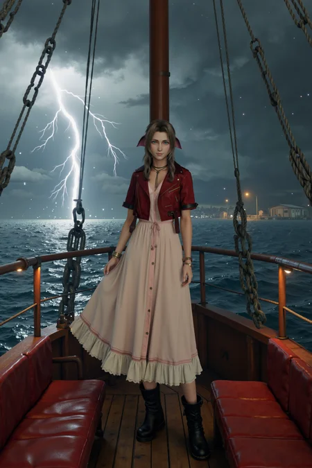 Envision an photorealistic image of Aerith Gainsborough standing on the deck of a boat sailing in the middle of the ocean.
It's raining heavily as the boat is in the middle of a hurricane, the sky is filled by lightning., <lora:Aerith Gainsborough:1.0>