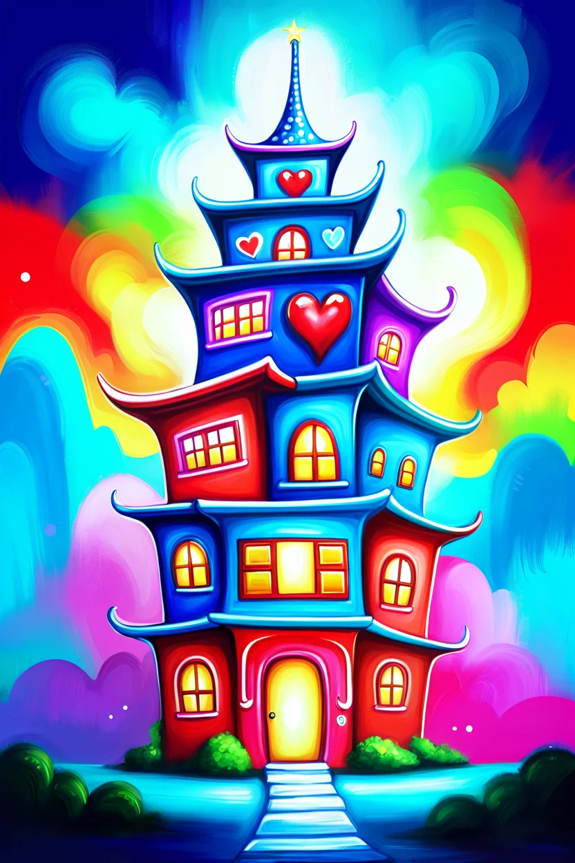 oil painting,whimsical,love hotel in a cheerful fantasy sky city edge of the universe, masterpiece<lora:EnvyStylizedXL02:1.2>