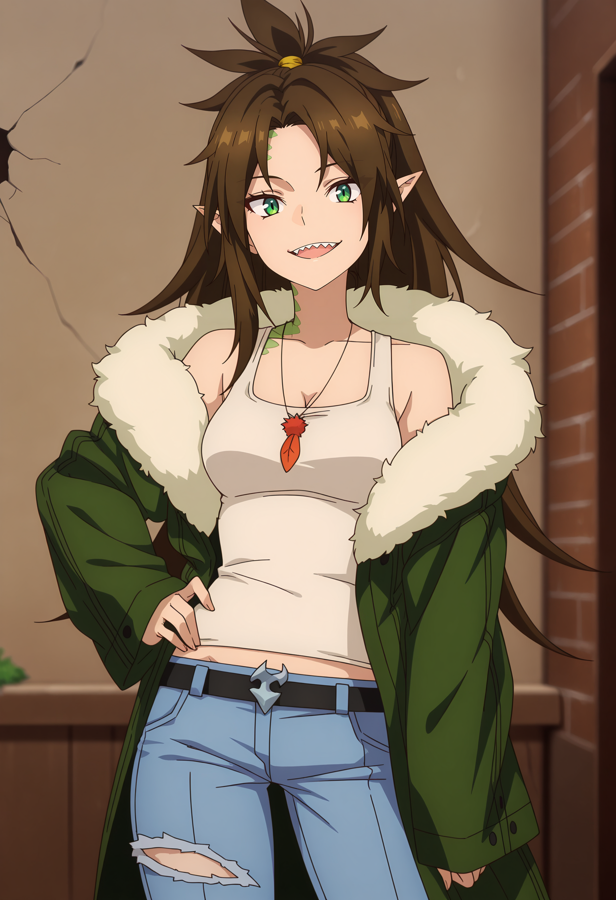 anime screencap, masterpiece, best quality,
<lora:YamiHealer_Zophia_IlluXL:0.9>,
1girl, solo, open mouth, smile, sharp teeth,
ponytail, parted bangs, long hair, brown hair, green eyes, pointy ears, lizard girl, scales,
off-shoulder jacket, fur-trimmed jacket, green jacket, white tank top, cleavage, medium breasts, pendant, sleeves past wrists,
midriff peek, black belt, belt buckle, torn jeans,
hand on own hip, standing, looking at viewer, cowboy shot,
indoors, brick wall, crack, brown background, blurry background