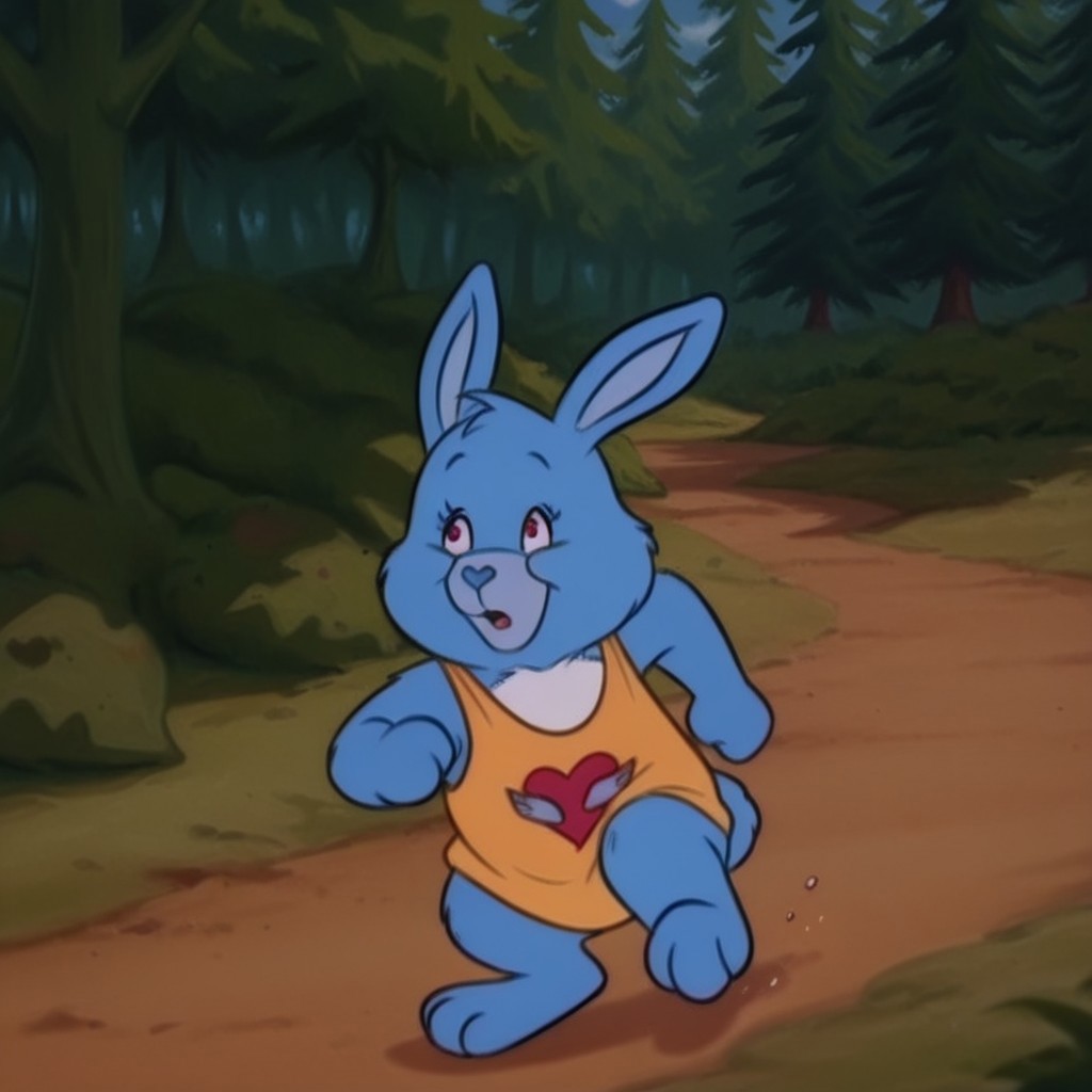 masterpiece, best quality, amazing quality,  swiftHrtil, semi-anthro, female, rabbit_girl, blue fur, tummy symbol, forest, outside, yellow tank top, running