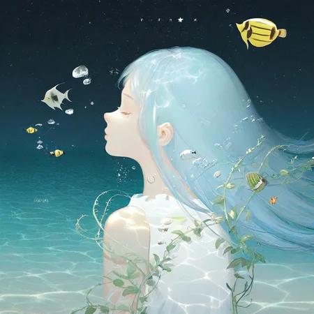 sohl, 1girl, crack of light, caustics, blue hair, long hair, eyelashes, closed eyes, closed mouth, vines, leaf, sleeveless, upper body, profile, solo, double exposure, air bubble, water, butterflyfish, light, stingray, ocean, shade, skyscraper, bubble, space, star \(sky\), tropical fish, building