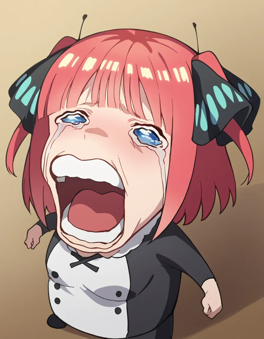 score_9, score_8_up, score_7_up, source_anime, <lora:nnakano-s2-ponyxl-lora-nochekaiser:1>, short hair, bangs, blue eyes, hair ornament, hair ribbon, pink hair, blunt bangs, two side up, butterfly hair ornament, large breasts,, <lora:chopper-crying-ponyxl-lora-nochekaiser:1> chopper crying, chopper crying (meme), meme, wavy eyes, crying, tears, teeth, open mouth, tongue,, ,