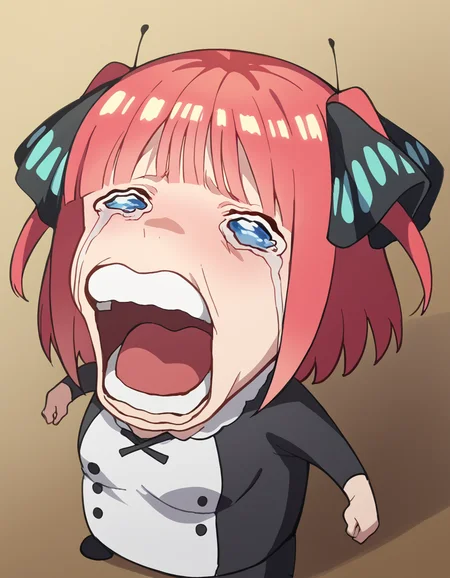 score_9, score_8_up, score_7_up, source_anime, <lora:nnakano-s2-ponyxl-lora-nochekaiser:1>, short hair, bangs, blue eyes, hair ornament, hair ribbon, pink hair, blunt bangs, two side up, butterfly hair ornament, large breasts,, <lora:chopper-crying-ponyxl-lora-nochekaiser:1> chopper crying, chopper crying (meme), meme, wavy eyes, crying, tears, teeth, open mouth, tongue,, ,