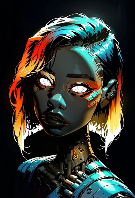 (8k, best quality, masterpiece, ultra high resolution:1.2), score_9, score_8_up, score_7_up, score_6_up, 19 year old, asian, e-girl, watercolor painting, cyborg, robot, female, thin, petite, makeup, snub nose, parted lips, (arms down, hands down), machine, cybernetic skin, (plump lips:0.85), bob haircut, multi-colored hair, looking at viewer, from above, left side view, portrait, g0th1c, glowing, neon lights, glowing eyes, black background with thin silhouettes of circuit tracks of micro radio circuits