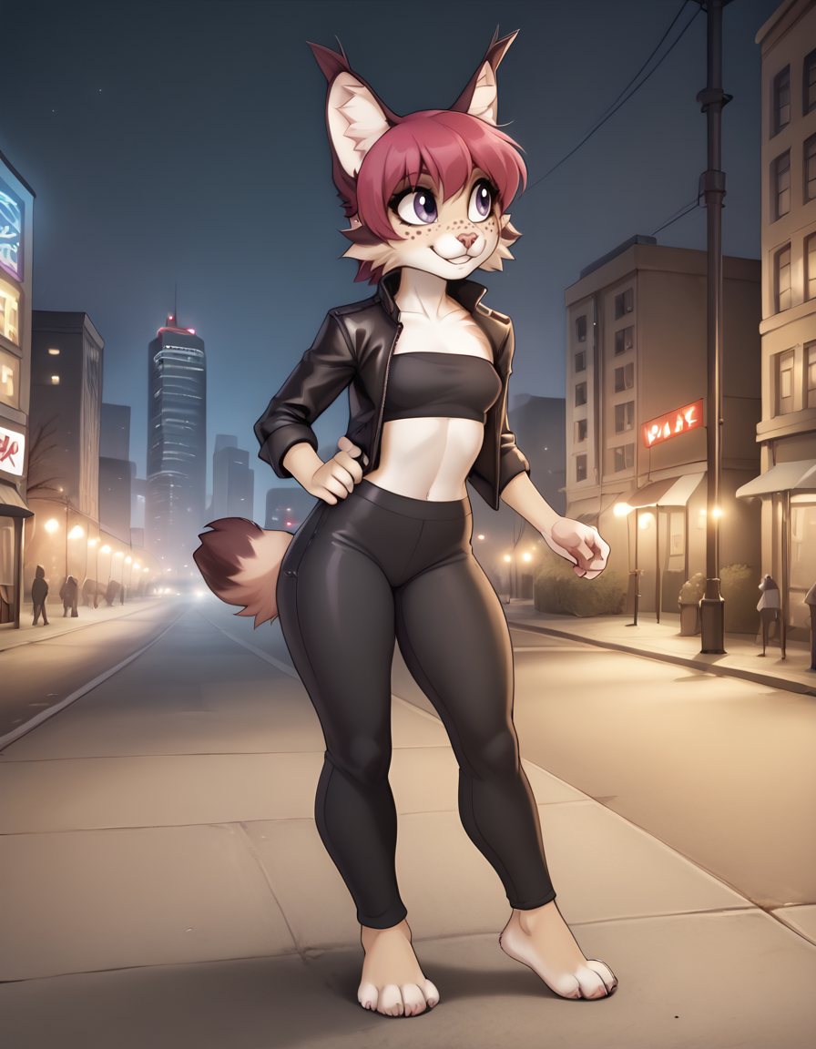 outdoors,city,night, 
full body,smile,long eyelashes,
spandex pants, tube top, leather jacket, 
<lora:Kordy_v01_PDXL:1>,Kordy,1girl,solo,furry female,animal ears,short hair,tail,snout,animal nose,body fur,purple eyes,freckles,animal ear fluff,bangs,pink hair,white fur,two-tone fur,