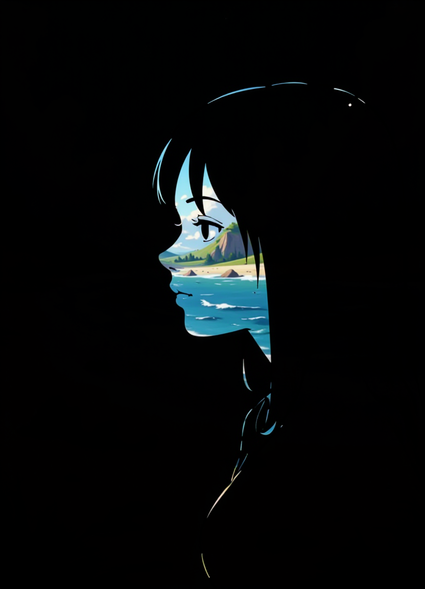 Negative space image showing primary focus a close up of a woman and secondary focus a beach