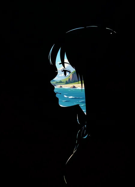 Negative space image showing primary focus a close up of a woman and secondary focus a beach