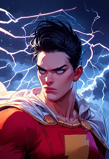 score_9, score_8, score_7, score_6, high quality, Shazam, black hair, blue eyes, red suit, white cape, hero suit, dynamic pose, lightning, dark clouds, flying, upper body, portrait,