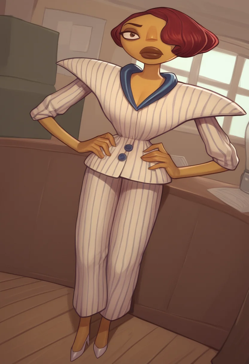 score_9, score_8_up, score_7_up, score_6_up, expressiveh, 1girl, solo, full body, colored skin, yellow skin, eyeshadow, makeup, eyeliner, red hair, short hair, hair over one eye, brown eyes, brown eyebrows, dark lips, shoulder pads, formal coat, formal pants, striped shirt, blue and white shirt, dark blue collar, striped pants, blue and white pants, blue buttons, high heels, white footwear, hands on hips, detailed background, looking at viewer, closed mouth, standing, indoors, godrays, dynamic light, dramatic light, inside office, office, indoors, serious expression, expressionless, dynamic pose, dynamic angle, <lora:Hollis_Forsythe_Psychonauts_2_-_PonyXL:1> <lora:AsuraLycoXL:1>
