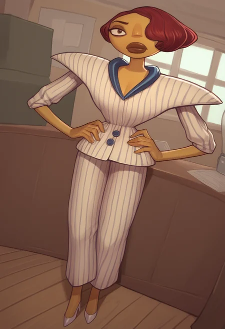 score_9, score_8_up, score_7_up, score_6_up, expressiveh, 1girl, solo, full body, colored skin, yellow skin, eyeshadow, makeup, eyeliner, red hair, short hair, hair over one eye, brown eyes, brown eyebrows, dark lips, shoulder pads, formal coat, formal pants, striped shirt, blue and white shirt, dark blue collar, striped pants, blue and white pants, blue buttons, high heels, white footwear, hands on hips, detailed background, looking at viewer, closed mouth, standing, indoors, godrays, dynamic light, dramatic light, inside office, office, indoors, serious expression, expressionless, dynamic pose, dynamic angle, <lora:Hollis_Forsythe_Psychonauts_2_-_PonyXL:1> <lora:AsuraLycoXL:1>
