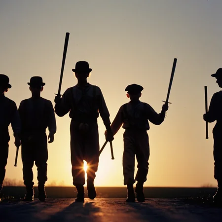 cinematic film still of <lora:perfection style:0.5> <lora:detailed:0.5> perfection detailed
<lora:Clockwork Orange film style:0.9>
In a futuristic dystopian Britain three silhouettes of men holding a baseball bat and walking to the sun at sunse,hat,holding,standing,weapon,male focus,multiple boys,sword,holding weapon,faceless,walking,4boys,silhouette , cinematic, film, kodak, Clockwork Orange film style, shallow depth of field, vignette, highly detailed, high budget, bokeh, cinemascope, moody, epic, gorgeous, film grain, grainy