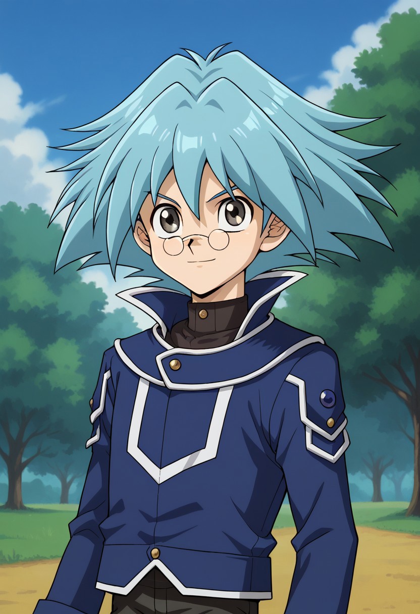score_9, score_8_up, score_7_up, source_anime, highly detailed,
ShoMarufuji, solo, 1boy, male focus, glasses, smile, blue hair, spiked hair, grey eyes,
pince-nez, pants, black pants, blue obelisk uniform, blue jacket, long sleeves, upper body,
outdoor, sky, tree