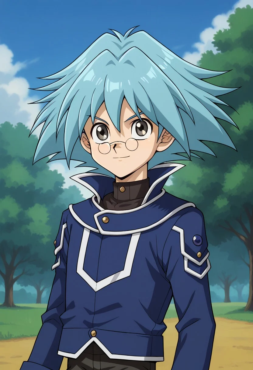 score_9, score_8_up, score_7_up, source_anime, highly detailed,
ShoMarufuji, solo, 1boy, male focus, glasses, smile, blue hair, spiked hair, grey eyes,
pince-nez, pants, black pants, blue obelisk uniform, blue jacket, long sleeves, upper body,
outdoor, sky, tree