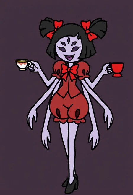 1girl, solo, ms paint style, vector illustration, clean lineart, bold outlines, limited palette, flat color, cel shading, no gradients, minimalist shading, solid fills, 2D digital art, cartoon style, comic style, muffet, purple skin, extra arms, extra eyes, red bow, red cup, skirt, holding teacup, :D,