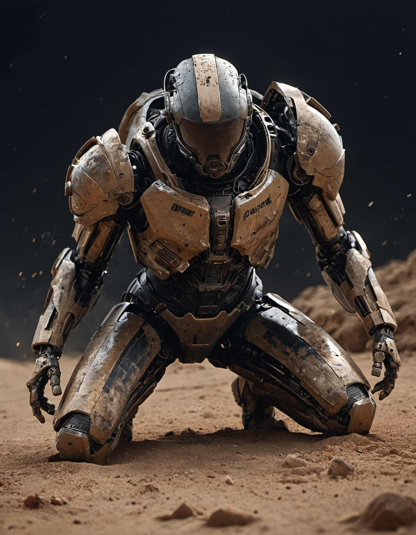 robot|cyborg, old brown power armor, science fiction, rusted,  squat, on desert, (dust wind:1.2), particles, cinematic, close shot, dramatic clouds, dutch angle, dark background  .score_9, score_8_up, score_7_up,score_6_up, rating_safe <lora:- SDXL - vanta-black_contrast_V3.0:1>