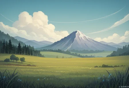 hi_res, score_9, score_8_up, sharp focus, mountains, fields, forest, sky, clouds <lora:MLP_Style:1>