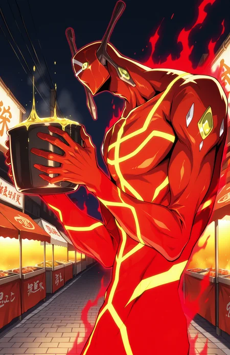 sk21_spof, humanoid, solo, 
from side, upper body,
aura,
holding pot, pot with boiling water, vapor, hands up,
<lora:[Char - IL] Shaman King - Spirit of Fire (R1E14):1>
BREAK
street, street market, vanishing point, food stall, night, matsuri,
best quality, masterpiece, highres,