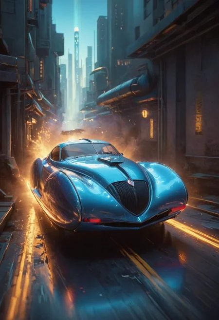 d3c0pnuk, str34ml1n3 flying (1938 Phantom Corsair:landspeeder) car, anti-gravity, nacelles, launching into the air, nose tilted up, antigravity waves below, , massive scale, nowheels, mirror finish, passing by fast, light speed, flash, (motion trail:1.5), motion blur, epic visual effects, flow, detailed, cinematic scene, lens flare, god rays, glow, (best quality, 8K, high resolution, extreme detail, (outstanding asymmetric composition:1.4), blue sky cloud reflections, low angle, in an art deco shining city, <lora:Decopunk_XL_v3:1> <lora:No.Wheels.XL:0.9> <lora:glowneon_xl_v1:0.8> glowneon, <lora:add-detail-xl:2> overexposed, worm's eye view, low angle, looking up, wide angle, front view, three quarter profile, bright sunny day, shimmering heat,