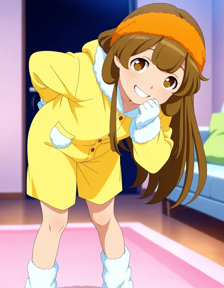 masterpiece,best quality,amazing quality,newest,absurdres,very aesthetic,anime screenshot,anime screencap,anime coloring,general BREAK depth of field,1girl,kinako, brown hair, long hair,orange headband,fluffy headband,brown eyes,grin,motion line,open mouth,teeth,looking at viewer,(one-piece pajama,fleece pajama,fuzzy pajama:1.3),oversized pajama,yellow pajama,long sleeves,baggy pants,fluffy hood,hood down,fluffy gloves,white gloves,fluffy socks,white socks,standing floor,(one leg up:0.6),cute motion,leaning forward,(one hand to own mouth,one hand behind back:1.2),(6 fingers,7 fingers:-1.8),indoor,lounge room,soft sofa <lora:add-detail-xl:1.1> , <lora:kinako:1> , <lora:LECO_GoodHands:-2> , <lora:LECO_BadHands:2>