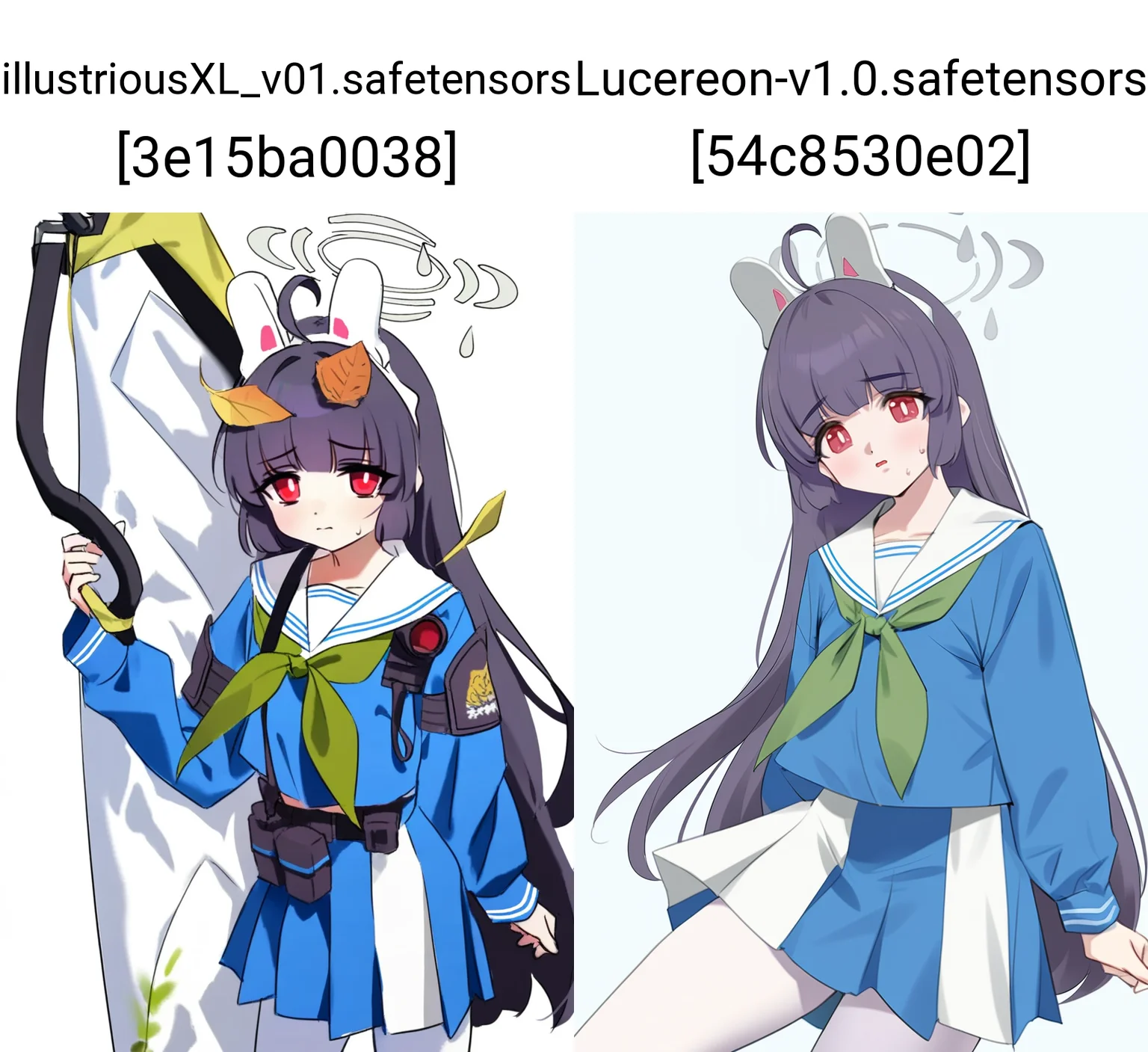(yd \(orange maru\):1.2)
blue archive, miyu (blue archive), 1girl, ahoge, animal ears, black hair, blue shirt, blue skirt, cowboy shot, fake animal ears, green neckerchief, grey halo, halo, long hair, long sleeves, looking at viewer, neckerchief, pantyhose, pleated skirt, rabbit ears, red eyes, shirt, simple background, skirt, solo, two-tone skirt, white background, white pantyhose, white skirt