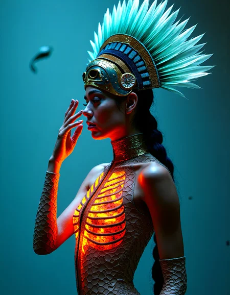 mordern aztec princess wearing a avant-garde fashionable dress made of gold and truquoise fiber optic intricated network delicatly covering her beautiful and scuptural body like a second skin, a incandescent red light glowing from indise her rib cage, displaying her ribcage in chiaroscuro mode, wearing a traditional aztec hairdress of translucsent feathers, and a high fashion death mask made of thin and delicate porcelaine, the female mexican model poses indicates hight rank social class, aristocratic importance and empowerment of the aztec ruling class, superior female human being, tanned skin, turquoise traditional jewelry, reading data on her portable datascreen, Framed in thick volumetric light. God Rays, diffused light, delicately, whispering, eye catching masterpiece artwork. drifting light particles, cracked light and smokey haze in floating threads finishes the dreamlike reality. The fusion of ancient aztec elegance and futuristic design creates a striking, harmonious balance of beauty, history, and innovation, hand up pose, (three quarter view:0), (from above:0.4), (dutch angle:0.4),cowboyshot, wind, looking away, midjourney_whisper_avant_couture, <lora:midjourney_whisper_avant_couture_v01:1>,