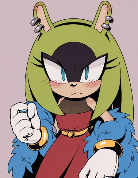zPDXL, score_9, score_8_up, score_7_up, score_6_up, score_5_up, source_anime, 4k, absurdres, 1girl, solo, simple background,
<lora:TMoStH_v1:0.8> (tmosth), (flat color, black shading, sloppy coloring), (hatching \(texture\)), red dress, gold bracelets, white gloves, sleeveless, (hairband), long dress, blue feathers, feather boa, close-up, animal ears, yellow belt, bare shoulders, blush, <lora:Green_Quills:0.8> ((long hair:1.3, quills down:1.3, green hair:1.3)), see-through cleavage,<lora:Surge_v2mini_LoCon:0.6> surge the tenrec, (green fur), (black fur), two-tone fur, aqua eyes, black eyeshadow, long quills, shaded face, small breasts, animal ears, short tail