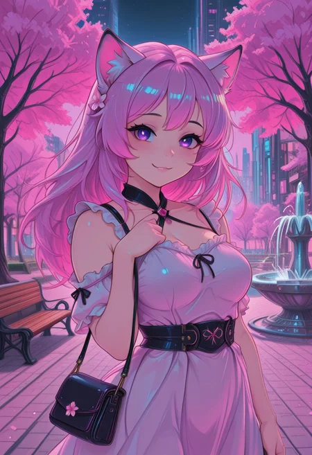 (masterpiece, best quality:1.3), pink hair, purple eyes, cat_ears, yandere, gentle smile, medium breasts, loving_gaze, looking_at_viewer, BehindCatgirl, CatGirlStyle, dress, city, outside, park, fountain, bench, CivChan, sakura, cherry blossoms, pinkneoncybercore, purse, cute, night
