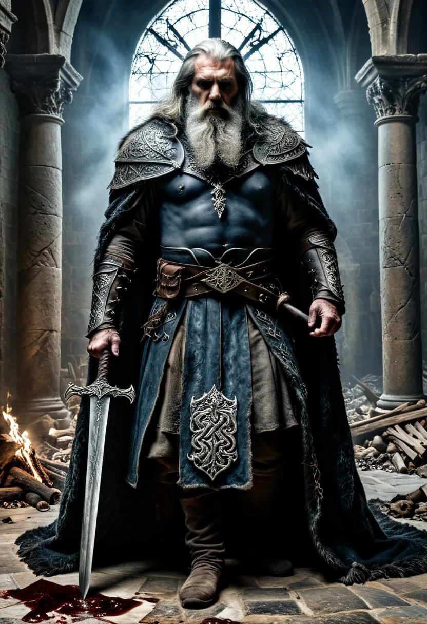 Epic dark fantasy cinematic masterpiece, grand castle hall with towering obsidian-black stone pillars, cracked stained-glass windows depicting forgotten wars, casting eerie colored light. In the center stands the Northern King, a colossal figure of legendary strength and hard-earned wisdom. His face is a map of battles—deep wrinkles, piercing ice-blue eyes, a long gray beard braided with iron rings, and silver hair flowing like a storm. Clad in a massive bear-fur cloak lined with ancient runes, his armored frame bears the scars of countless wars. His gauntlets are forged from blackened steel, gripping a monstrous two-handed sword—its blade etched with glowing elder runes, its pommel set with a pulsating crimson gem . The hall is a cathedral of war: tattered banners of fallen houses hang from the vaulted ceiling, broken shields and shattered bones litter the cracked marble floor. A massive iron throne looms behind him, its back twisted into the shape of a snarling wolf. The air is thick with smoke from dying torches, swirling mist creeping between the pillars. Shadows dance like specters, and the faint echo of ghostly whispers lingers in the distance . Ultra-detailed, hyper-realistic, 8K resolution, cinematic lighting with dramatic contrasts, dark fantasy art style inspired by Frank Frazetta, Simon Stålenhag, and Jakub Rozalski. Moody color palette of deep blues, blood reds, and ashen grays. Sense of overwhelming scale, age, and grim majesty.