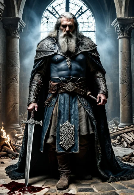 Epic dark fantasy cinematic masterpiece, grand castle hall with towering obsidian-black stone pillars, cracked stained-glass windows depicting forgotten wars, casting eerie colored light. In the center stands the Northern King, a colossal figure of legendary strength and hard-earned wisdom. His face is a map of battles—deep wrinkles, piercing ice-blue eyes, a long gray beard braided with iron rings, and silver hair flowing like a storm. Clad in a massive bear-fur cloak lined with ancient runes, his armored frame bears the scars of countless wars. His gauntlets are forged from blackened steel, gripping a monstrous two-handed sword—its blade etched with glowing elder runes, its pommel set with a pulsating crimson gem . The hall is a cathedral of war: tattered banners of fallen houses hang from the vaulted ceiling, broken shields and shattered bones litter the cracked marble floor. A massive iron throne looms behind him, its back twisted into the shape of a snarling wolf. The air is thick with smoke from dying torches, swirling mist creeping between the pillars. Shadows dance like specters, and the faint echo of ghostly whispers lingers in the distance . Ultra-detailed, hyper-realistic, 8K resolution, cinematic lighting with dramatic contrasts, dark fantasy art style inspired by Frank Frazetta, Simon Stålenhag, and Jakub Rozalski. Moody color palette of deep blues, blood reds, and ashen grays. Sense of overwhelming scale, age, and grim majesty.