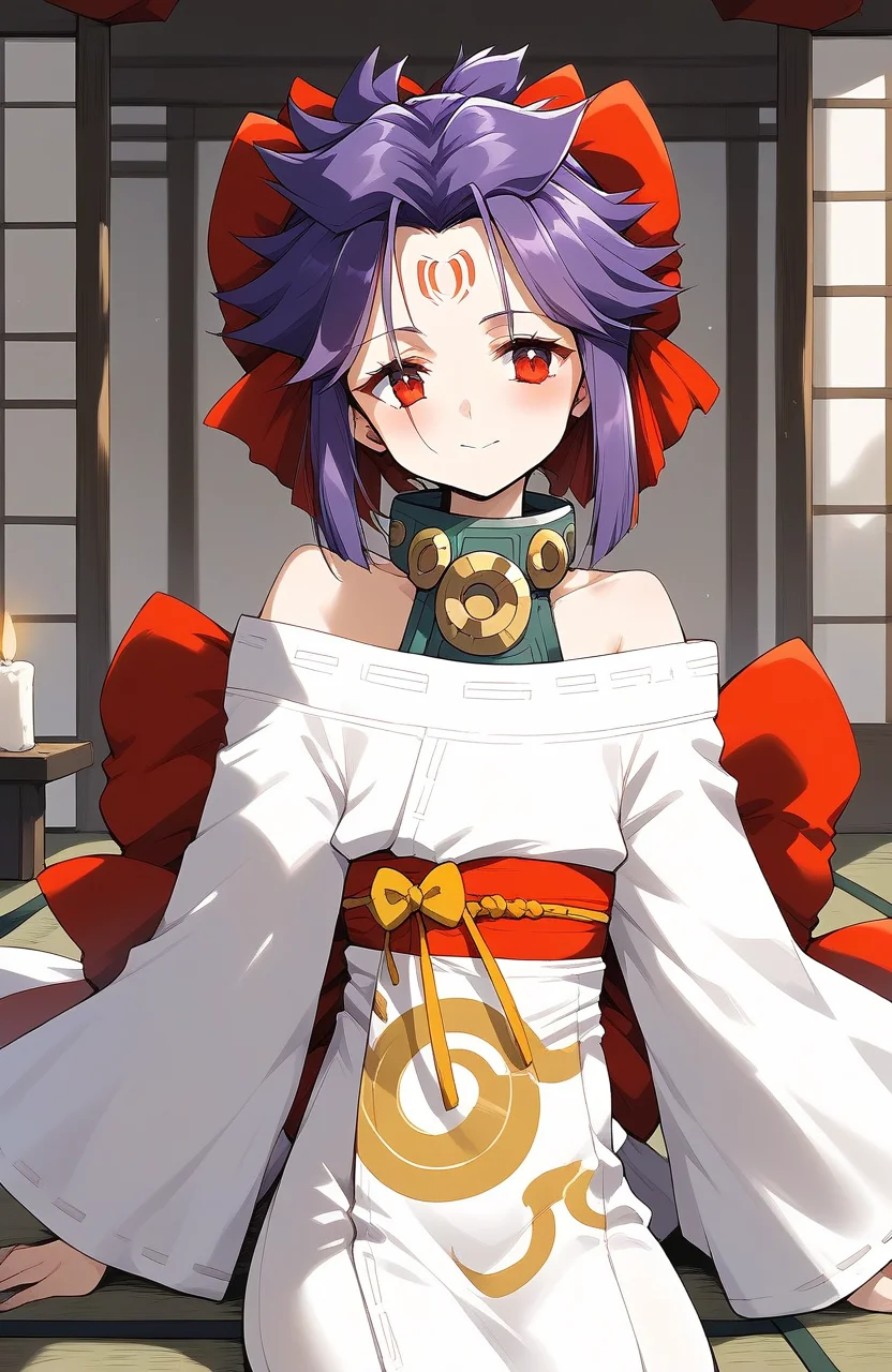 score_9, score_8_up, score_7_up, source_anime, rating_explicit, BREAK <lora:kakurine_Ver2.1_XL:1> kakurine, facial mark, forehead mark, red eyes, purple hair, short hair, sidelocks, hair bow, collar,
bare shoulders, japanese clothes, long sleeves, white kimono, Yellow swirl print,
tatami, room, candle, Japanese,