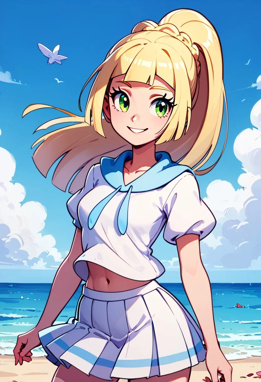 score_9, score_8, (curvy), cute, eyelashes,       
BREAK,
zzlillie, long hair, ponytail, French braid, white shirt, short sleeves, white skirt, pleated skirt,
,BREAK,
beach, sunny, wind, 
smile, looking at viewer, cowboy shot, zPDXL, Expressiveh,