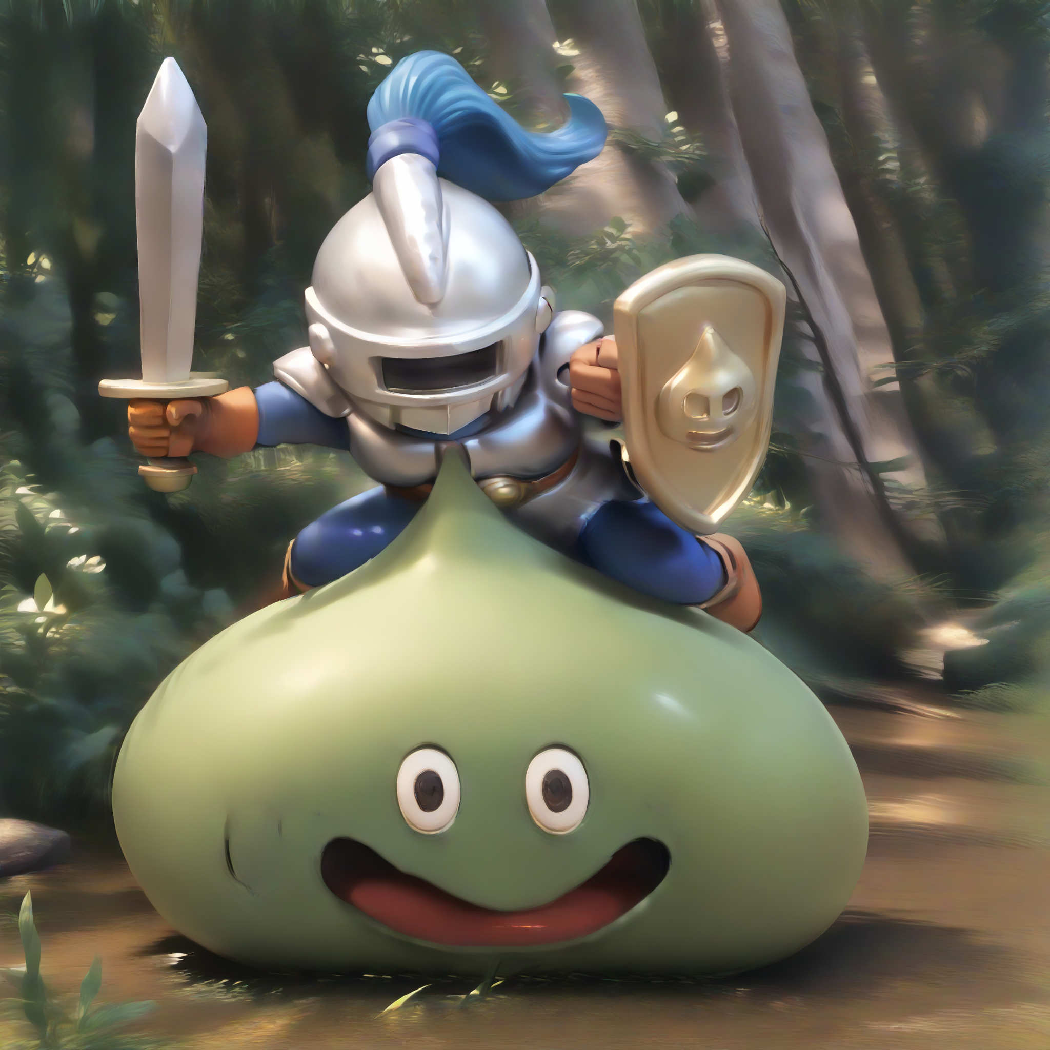 score_9,score_8_up,score_7_up,best quality,masterpiece,super detailed,extreme detailed,full_body,zPDXL BREAK forest,night,
<lora:Pony_DetailV2.0:1>,slime knight,slime_(dragon_quest),:d,armor,helmet,holding shield,holding sword,knight,<lora:slime knight:1>,fighting stance,attacking_action,