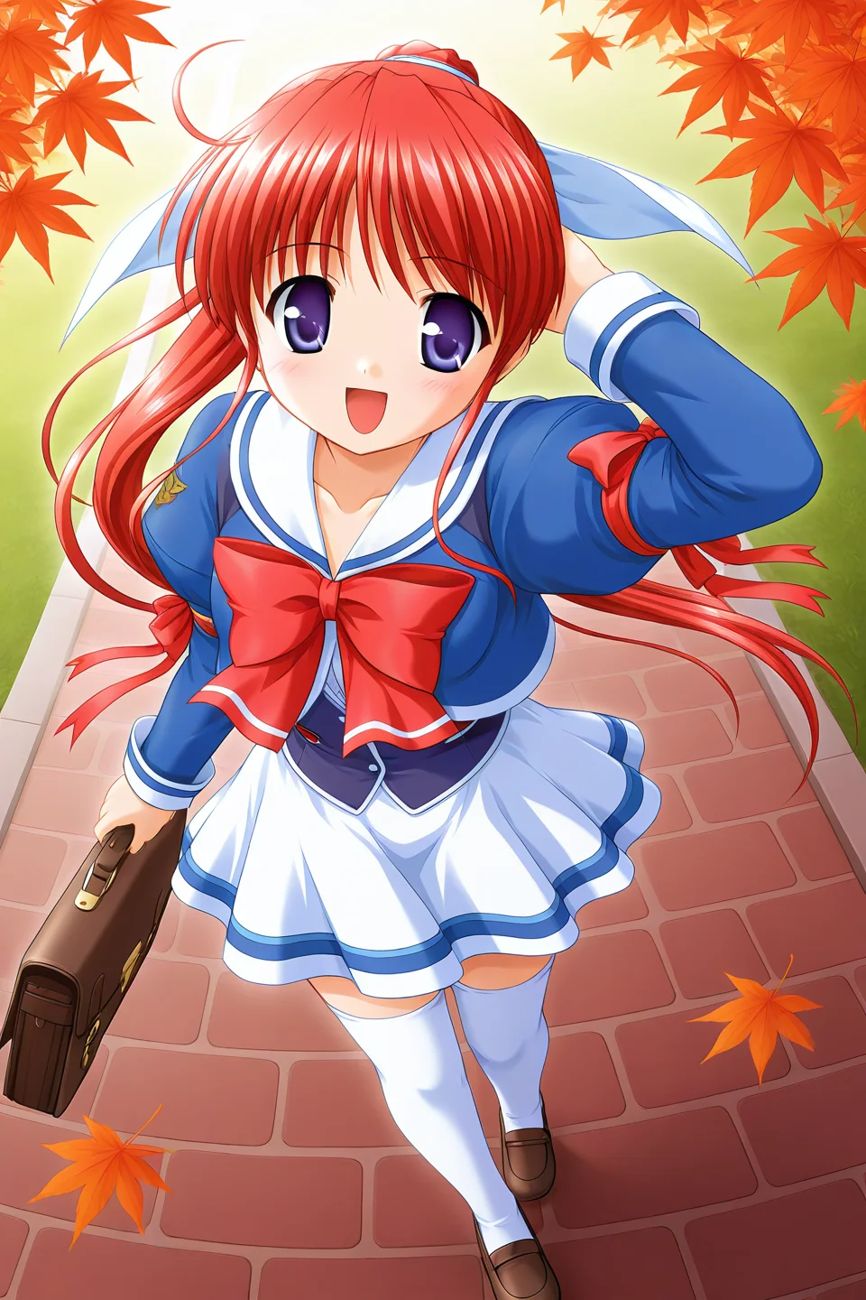 masterpiece, best quality, absurdres, official art, official style, rating general BREAK <lora:amagasakimikoto_IL_v1-2:0.7>, amagasaki mikoto, 1girl, solo, purple eyes, blue eyes, red hair, long hair, ponytail, hair ribbon, white ribbon, medium breasts BREAK school uniform, white sailor collar, blue jacket, crop top jacket, white shirt, red bowtie, long sleeves, juliet sleeves, emblem, arm ribbon, red ribbon, purple vest, buttons, waist ribbon, white skirt, blue line skirt, miniskirt, zettai ryouiki, white thighhighs, shoes, mary janes, brown footwear, school bag, school briefcase, holding bag, open mouth, smile, :d, blush, from above, maple leaf, autumn leaves, looking at viewer, walking, full body, arm behind head, arm up, looking up, wind, floating hair, wind lift, pavement