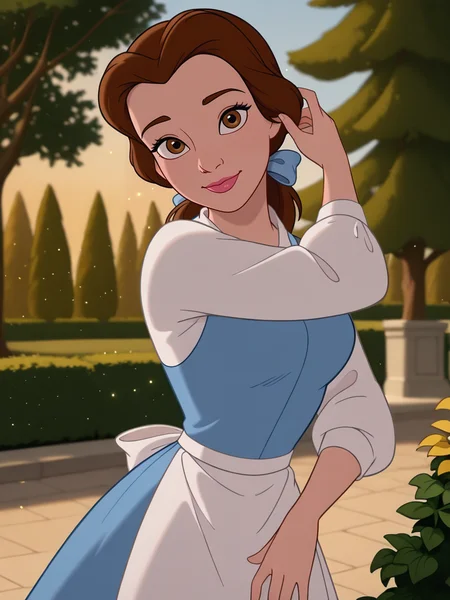 (official style:1.1), screencap, blurry background
1girl, medium breasts, (BelleXL:1.1), bow, brown hair, brown eyes, blue dress, apron, white shirt, long sleeves, ponytail, lipstick, 
light smile, dutch angle, sexy pose, happy, looking at viewer, tree, garden, daylight, outdoors portrait, dynamic pose, cowboy shot, lay on, one hand on hair, head tilt, light particles, from side,
 <lora:Belle-IL:1>