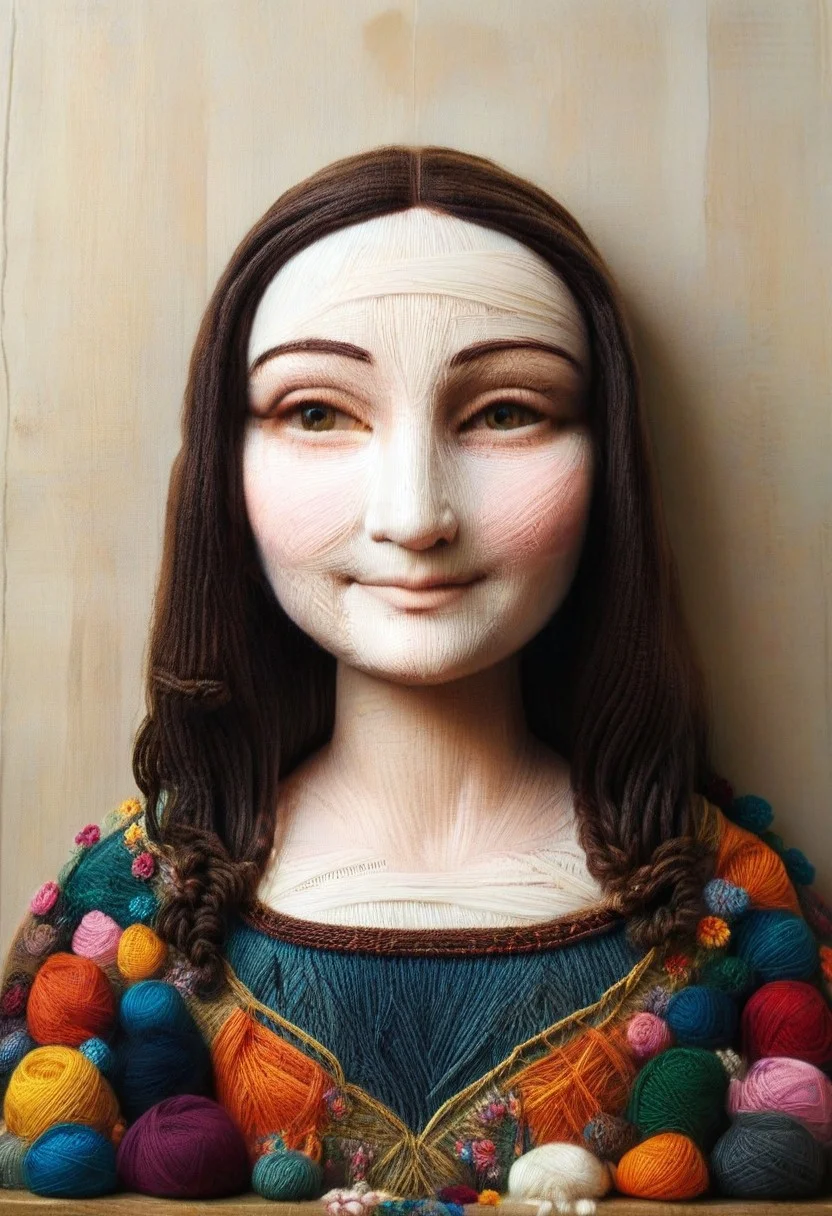 yrnwrld, made of yarn, yarn painting Mona Lisa, high quality,masterpiece,absurdres,incredible composition,extremely detailed, Mona Lisa