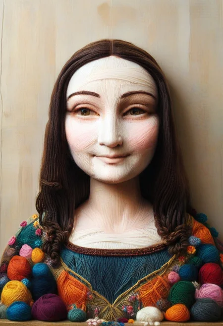 yrnwrld, made of yarn, yarn painting Mona Lisa, high quality,masterpiece,absurdres,incredible composition,extremely detailed, Mona Lisa