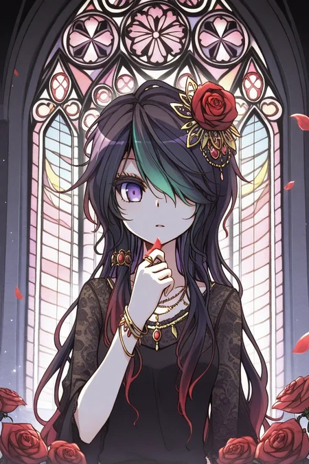 masterpiece, best quality, amazing quality,
 <lora:CrzNghbr_IL:1> crznghbr, 1girl, solo, flower, long hair, purple eyes, hair over one eye, rose, petals, jewelry, stained glass, bracelet, hair ornament, black hair, multicolored hair, red rose