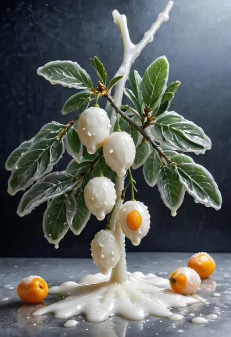 White wax a somewhat realistic photo, White wax kumquats hanging from a White wax branch, something is sightly off, uncanny, green tinted White wax fluorescent lighting, highly detailed White wax background, background of generic White wax electronics, dark White wax factory interior, White wax melting background