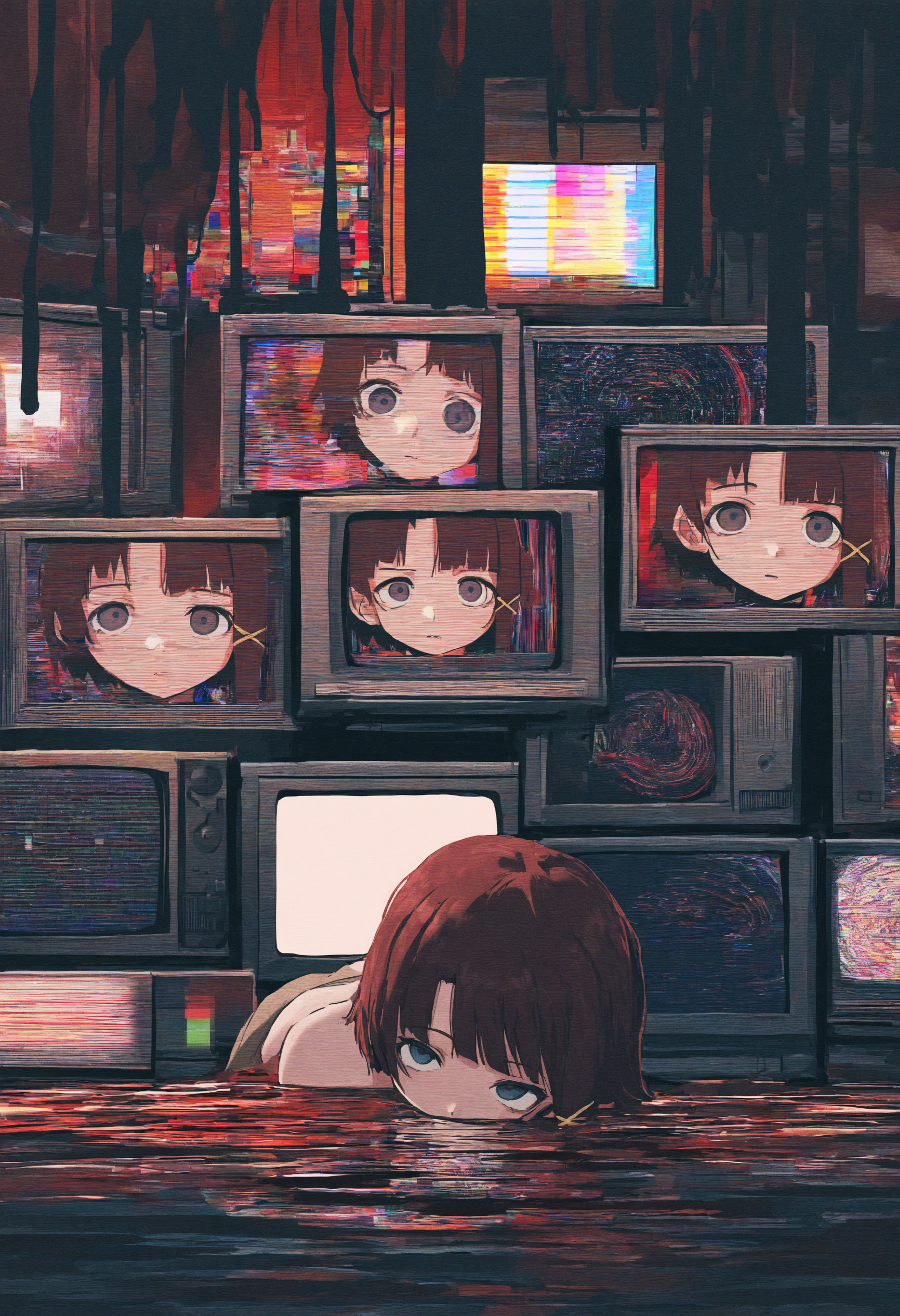 masterpiece, best quality, newest, absurdres, highres, very awa, no lineart, sketch, abstract, liquid, profile, iwakura lain, (horror \(theme\):1.2), in the television, 10 crt tvs, laying down all over floor, staring, looking at viewer, side view, right side of face, no lineart, film aethetic, fujifilm, pixelated, depth of field, blurry, crt lines, vhs artifacts, static, glitches,