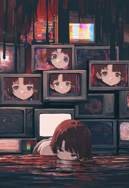 masterpiece, best quality, newest, absurdres, highres, very awa, no lineart, sketch, abstract, liquid, profile, iwakura lain, (horror \(theme\):1.2), in the television, 10 crt tvs, laying down all over floor, staring, looking at viewer, side view, right side of face, no lineart, film aethetic, fujifilm, pixelated, depth of field, blurry, crt lines, vhs artifacts, static, glitches,