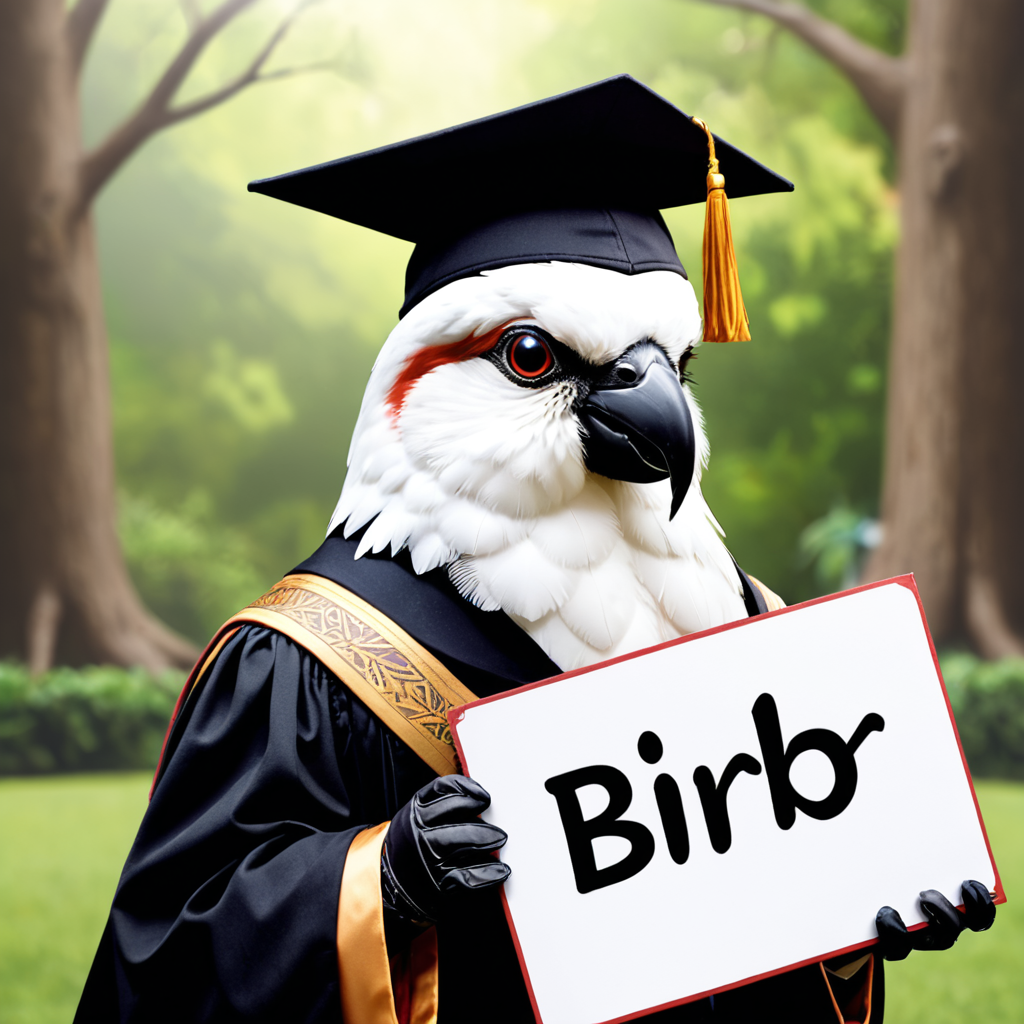 bird professor, scholar cap, holding sign that says birb