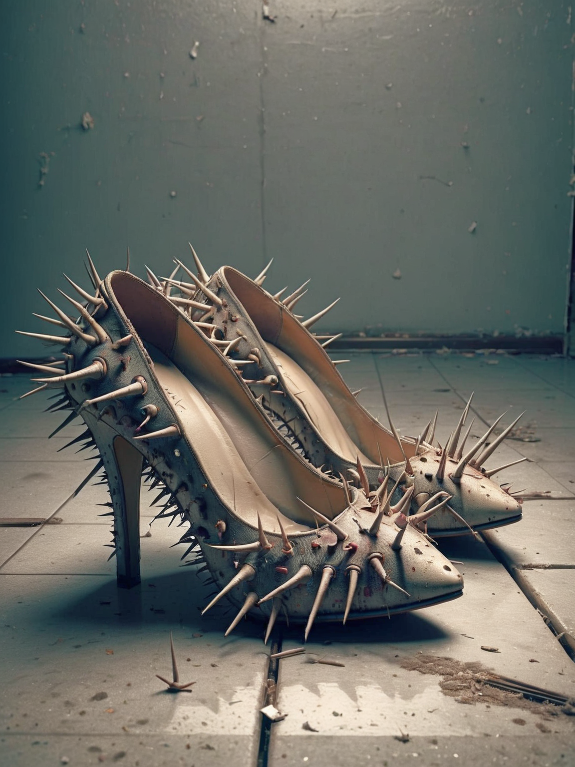 ais-thrny high-heeled shoes, abandoned on a dancefloor <lora:ais-thrny-sdxl:1>