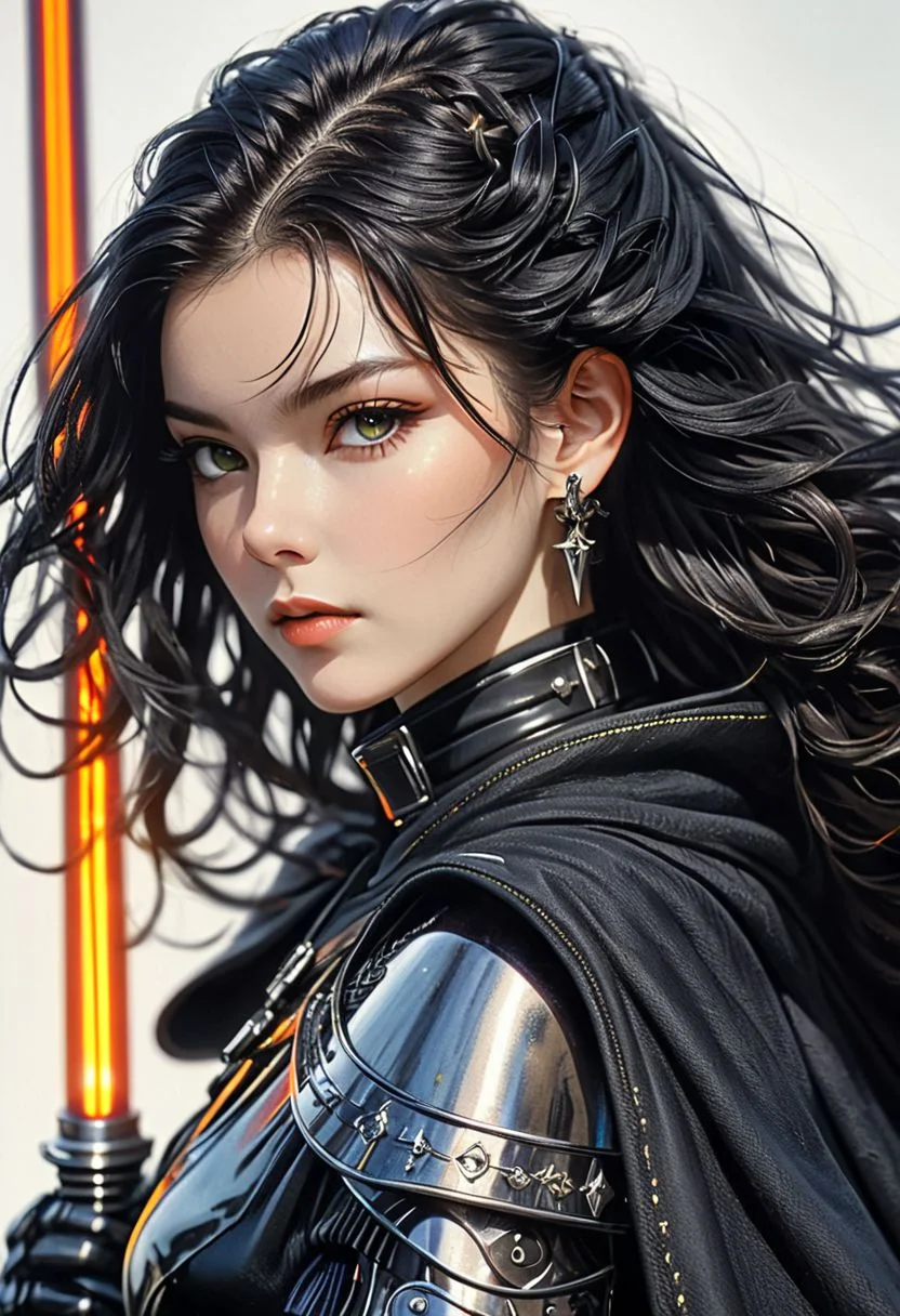 (Star Wars Inquisitor female, menacing stance, detailed facial features:1.5),
(Long, flowing black hair, shinny and wavy with highlights, hair strands blowing in the wind:1.4),
(Hard, powerful black fire neon light saber, with intricate details on the hilt, glowing energy crackling:1.4),
(Collar, cyberpunk-inspired Samurai jacket, with a high neckline, metallic accents and a fitted silhouette:1.3),
(Large, sweeping linen black cape, with a dramatic, flowing motion, detailed stitching and textures:1.6),
(BDSM-inspired harness, accentuating firm, toned breasts, with buckles and straps, leather or latex material:1.2),
(Full body, detailed musculature, anatomically correct, with a dynamic, action-oriented pose:1.0),
High resolution, with crisp, clear details, high quality, 32K or higher, suitable for large-scale printing or display
