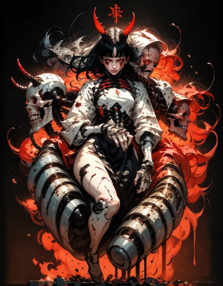 score_9, score_8_up, score_7_up, score_6_up, score_5_up, score_4_up, (kanji, chinese characters, full body:1.2), demon, cyberdemon, black horns, black scales, fiery glow, embedding:zPDXL, 1girl, action pose, (evil smirk:1.2), launching, solo, breasts, very long hair, bangs, simple background, black hair, red eyes, black cloth, bloody eyes, closed mouth, weapon, black, evil, horror, small breasts, (blood:1.1), blunt bangs, medium hair, wide hips, thighs, floating hair, black background, science fiction, android, cable, mechanical arms, cyborg, robot joints, mechanical parts, tube, spine, red trim