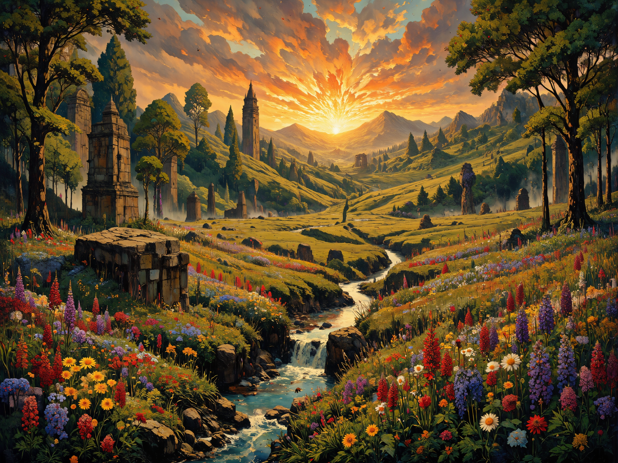 Sunset golden hour casting warm hues across a sprawling meadow labyrinth, dense with a mosaic of lupines, daisies, and soft thistle. Ambient gentle breeze carries seeds and dandelions over the lush, wild terrain. A tapestry of warm light creates elongated shadows and highlights the vibrant petals. Hints of lavender wisteria cascading over ancient stone remnants. In the foreground, ladybugs and bees hover above dew-kissed leaves, their presence enhancing the meadow's life. The air holds a dense, soft stillness, imbued with pastel colors as the evening light mingles with delicate mists rolling over a tranquil brook, creating a serene, ethereal landscape. Shot in 8k, masterpiece, intricate detail, a sense of depth and tranquility pervades, emphasis on natural orchestration and peace. <lora:Memadukan_Brush_Strokes_of_Fineart:0.9> <lora:test2-000013:1.0> <lora:DND_GRAINYBOYZ_FG_FLUX_V2_ROMULUS_Lora:0.6> <lora:flux_dev:1>