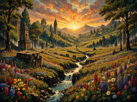 Sunset golden hour casting warm hues across a sprawling meadow labyrinth, dense with a mosaic of lupines, daisies, and soft thistle. Ambient gentle breeze carries seeds and dandelions over the lush, wild terrain. A tapestry of warm light creates elongated shadows and highlights the vibrant petals. Hints of lavender wisteria cascading over ancient stone remnants. In the foreground, ladybugs and bees hover above dew-kissed leaves, their presence enhancing the meadow's life. The air holds a dense, soft stillness, imbued with pastel colors as the evening light mingles with delicate mists rolling over a tranquil brook, creating a serene, ethereal landscape. Shot in 8k, masterpiece, intricate detail, a sense of depth and tranquility pervades, emphasis on natural orchestration and peace. <lora:Memadukan_Brush_Strokes_of_Fineart:0.9> <lora:test2-000013:1.0> <lora:DND_GRAINYBOYZ_FG_FLUX_V2_ROMULUS_Lora:0.6> <lora:flux_dev:1>