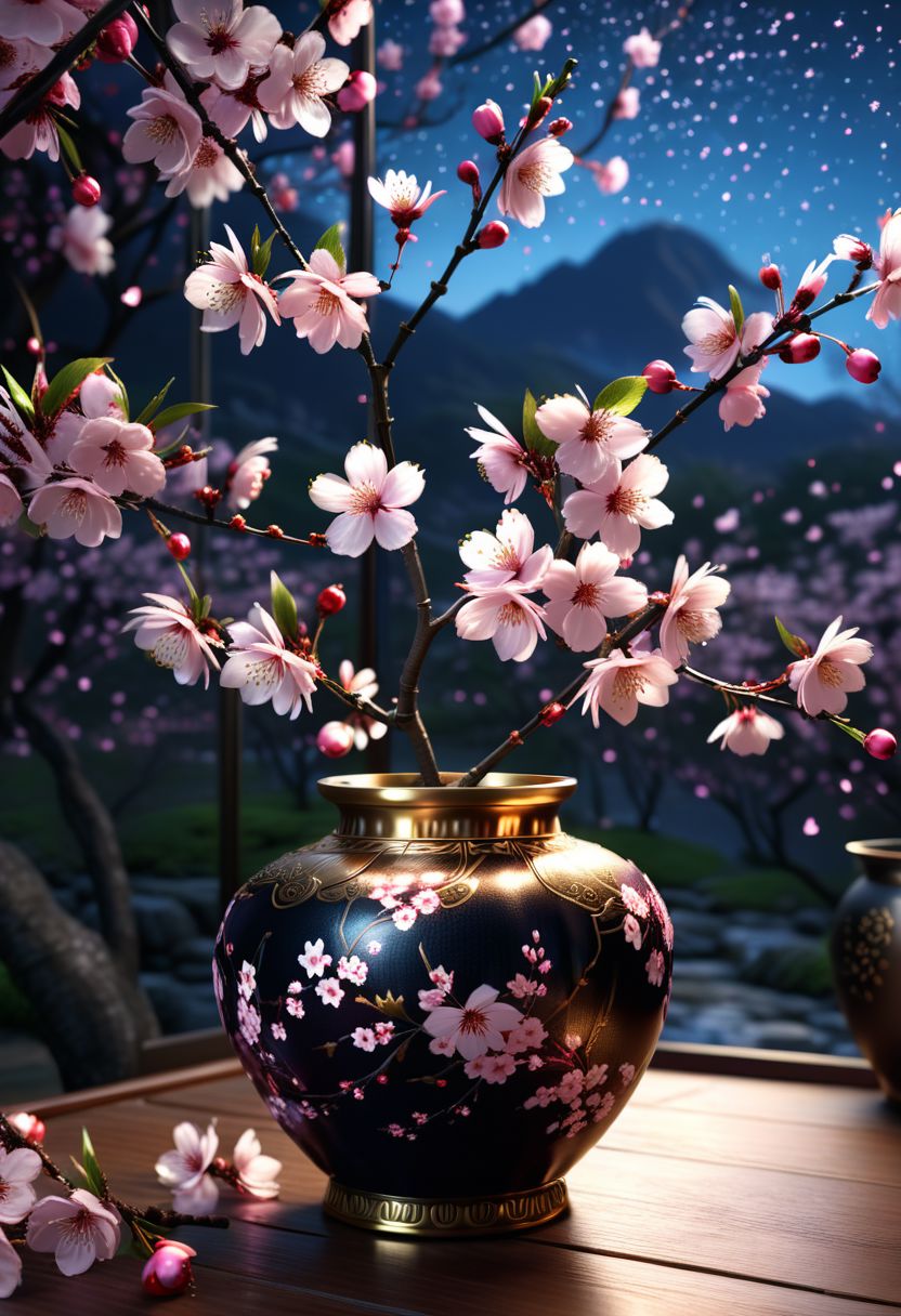 (((masterpiece))),best quality, extremely detailed CG unity 8k, complex pattern, a magic small cherry blossom shine in night in a vase, promotional campaign, winning photo, professional