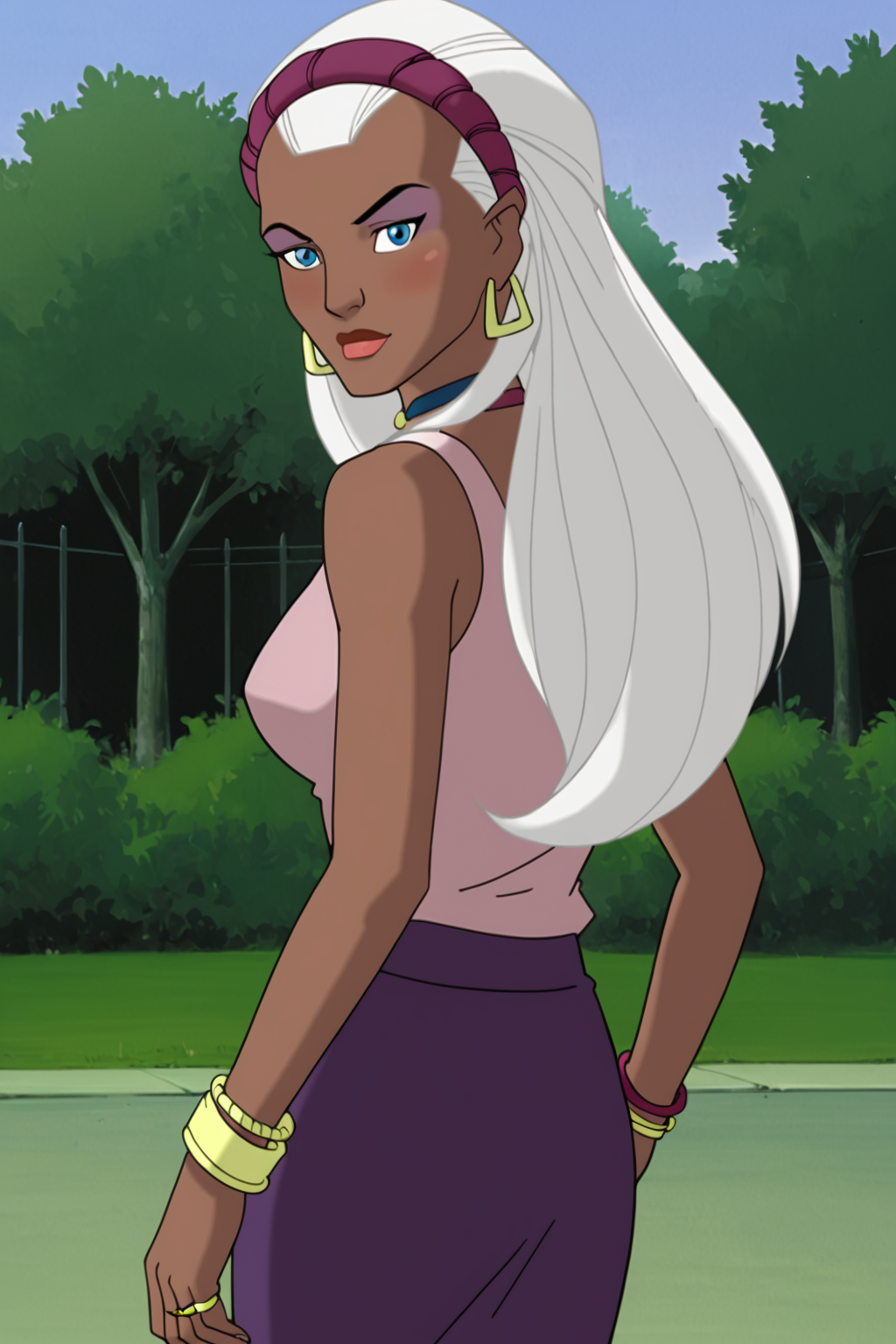 PonyXLV6_Scores BREAK ((parody), perfect anatomy, perfect eyes, cowboy shot), <lora:add_details_xl:1> BREAK BREAK <lora:Storm_-_X-Men_Evolution:1> ororo munroe, dark-skinned female, long hair, white hair, blue eyes, makeup, lipstick, flirting, raised eyebrow, half-closed eyes, blush, ((looking back at viewer)), hoop earrings, hairband, choker, tank top, bracelet, ring, long skirt, purple skirt, large breasts, curvy, toned, athletic, standing, sexually suggestive pose, outdoors