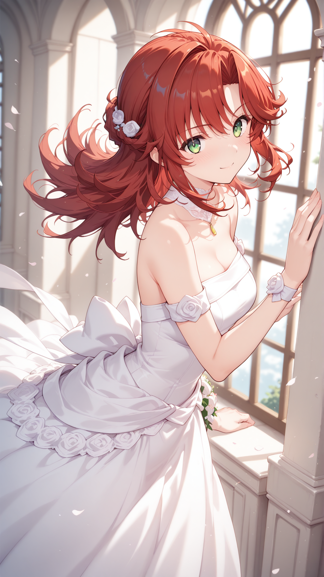source_anime, general, best quality, masterpiece, 1girl,  <lora:festenia_ill:1> festenia_muse,red hair,long hair,green eyes,wedding dress,chapel, dynamic pose, dutch angle,