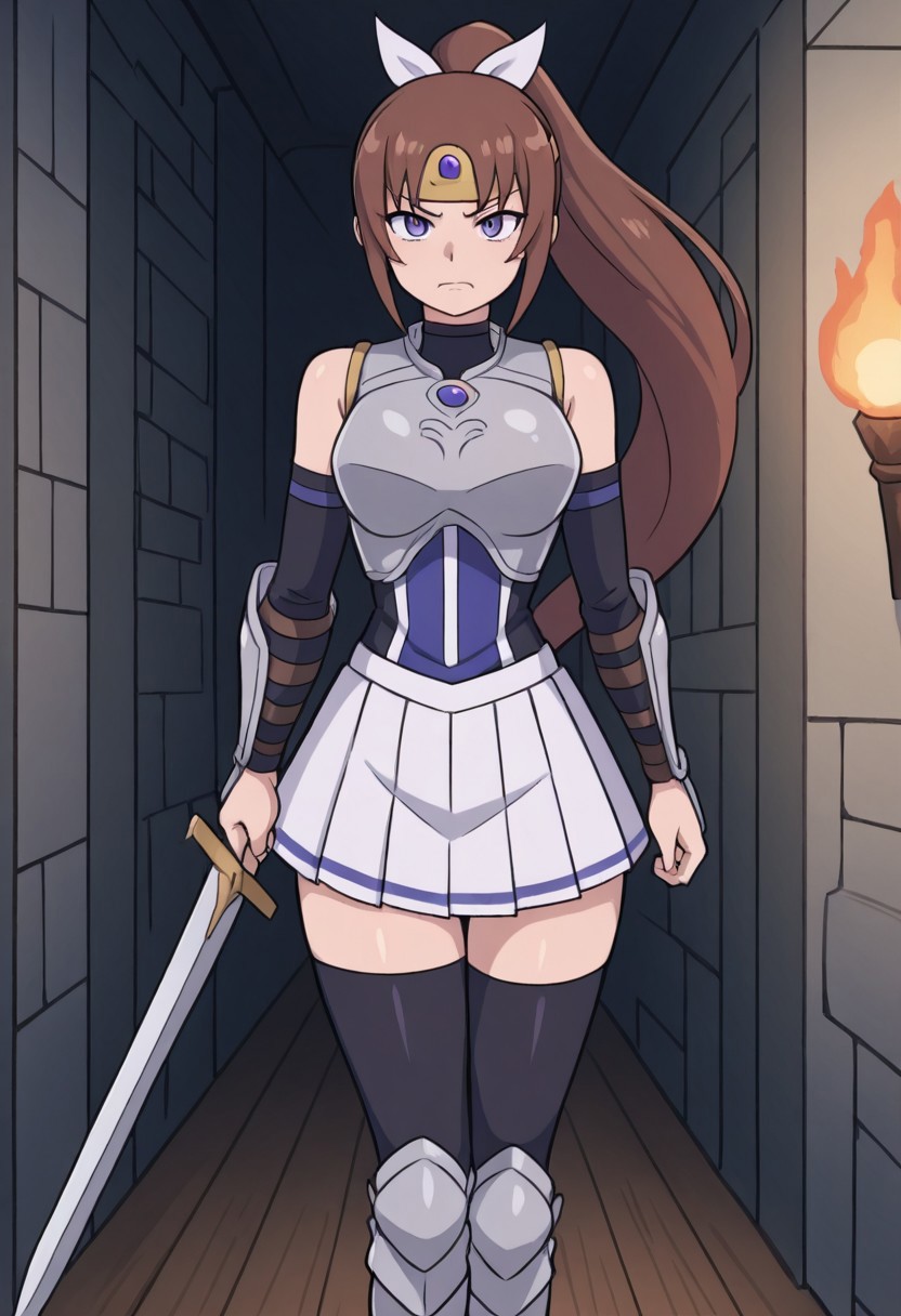 amazing quality, very aesthetic, absurd resolution, masterpiece, 4k resolution, (hand with four fingers and one thumb), BREAK 1girl, full body, <lora:Princess_Dianne_DKD-09:1>, Princess Dianne, brown hair, long hair, purple eyes, tiara, ponytail, hair bow, hourglass figure, walking, stern, looking at viewer, annoyed, (black choker, (purple top, turtleneck, sleeveless, gold trim), (white skirt, pleated skirt,), (black thighhighs, purple trim), (black arm warmers, purple trim), (chest armor, breastplate, silver,) gem, (arm armor, silver), holding sword, (armored boots, silver), ), cowboy shot, BREAK (corridor, stone walls, wooden floor, torch attached to wall, no men, 1girl, solo,),